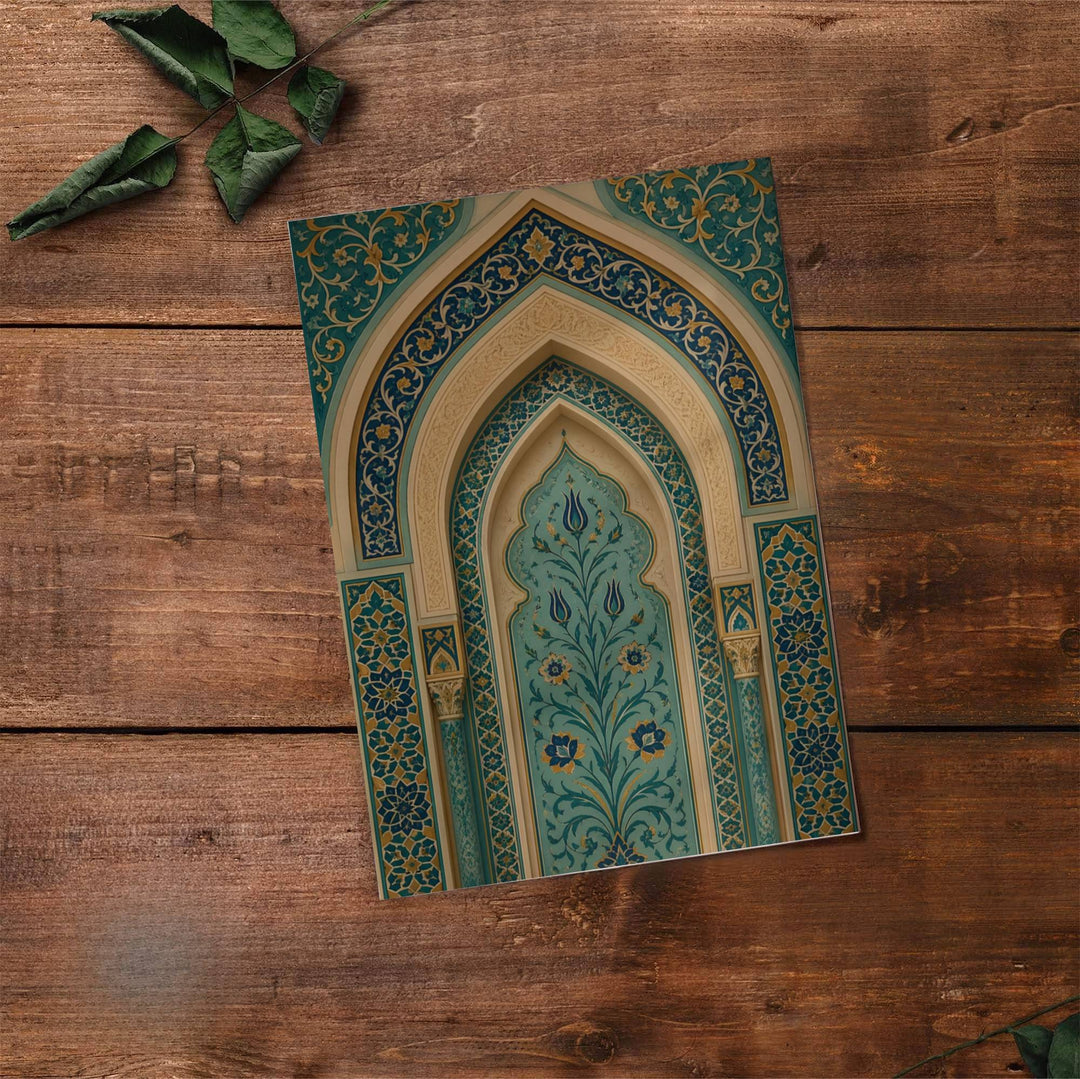 Fine art architectural poster of an Islamic arch with clean title text and subtitle reading TURQUOISE BLUE OTTOMAN FLORAL. Provided by MapYourDreams, this artwork is available in flexible options including unframed paper, custom wooden frames, and gallery canvas wraps for contemporary setups.