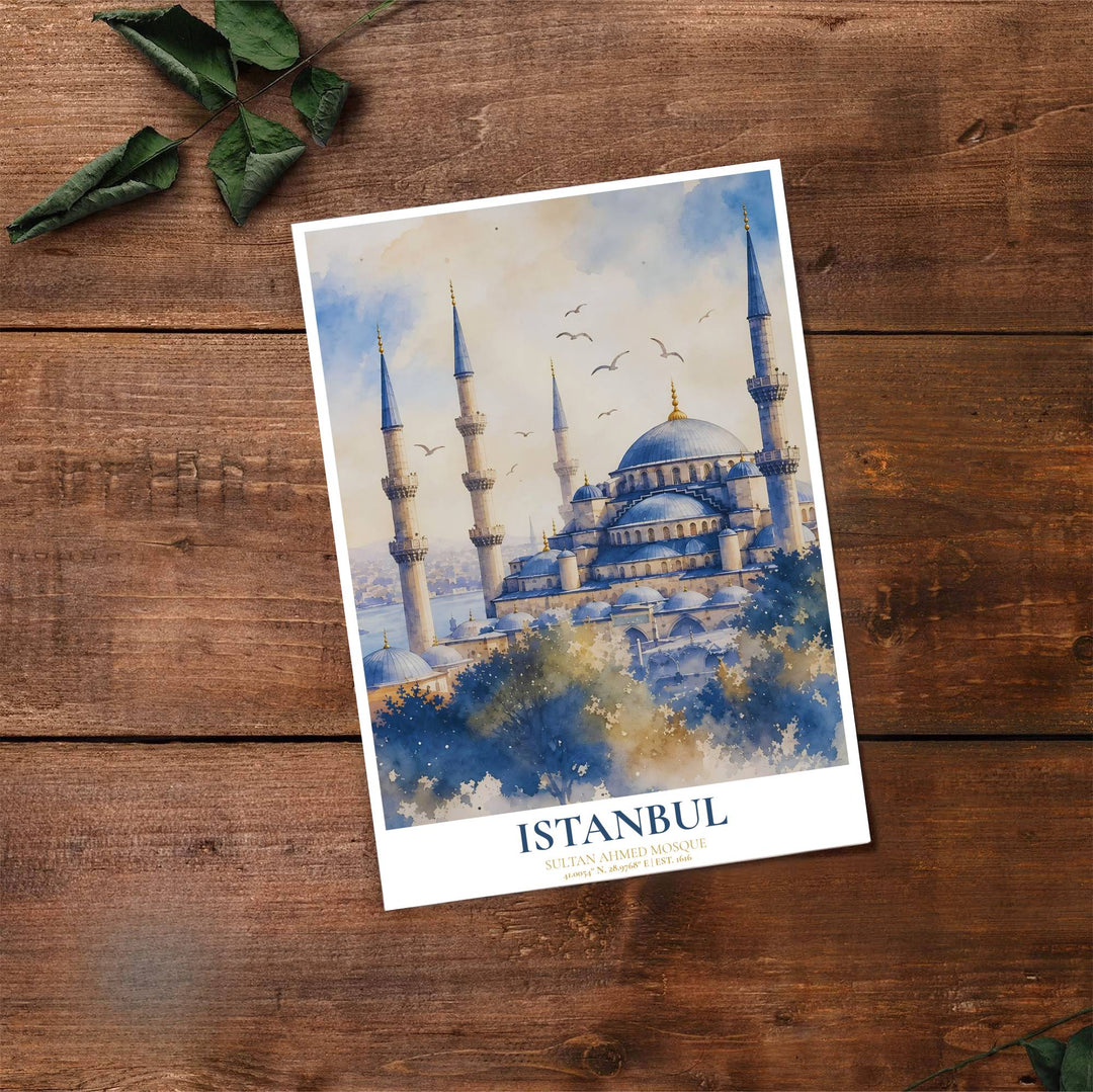 Fine art travel poster of Blue Mosque Istanbul with clean title text and subtitle reading SULTAN AHMED MOSQUE. Provided by MapYourDreams, this artwork is available in flexible options including unframed paper, custom wooden frames, and gallery canvas wraps for contemporary setups.