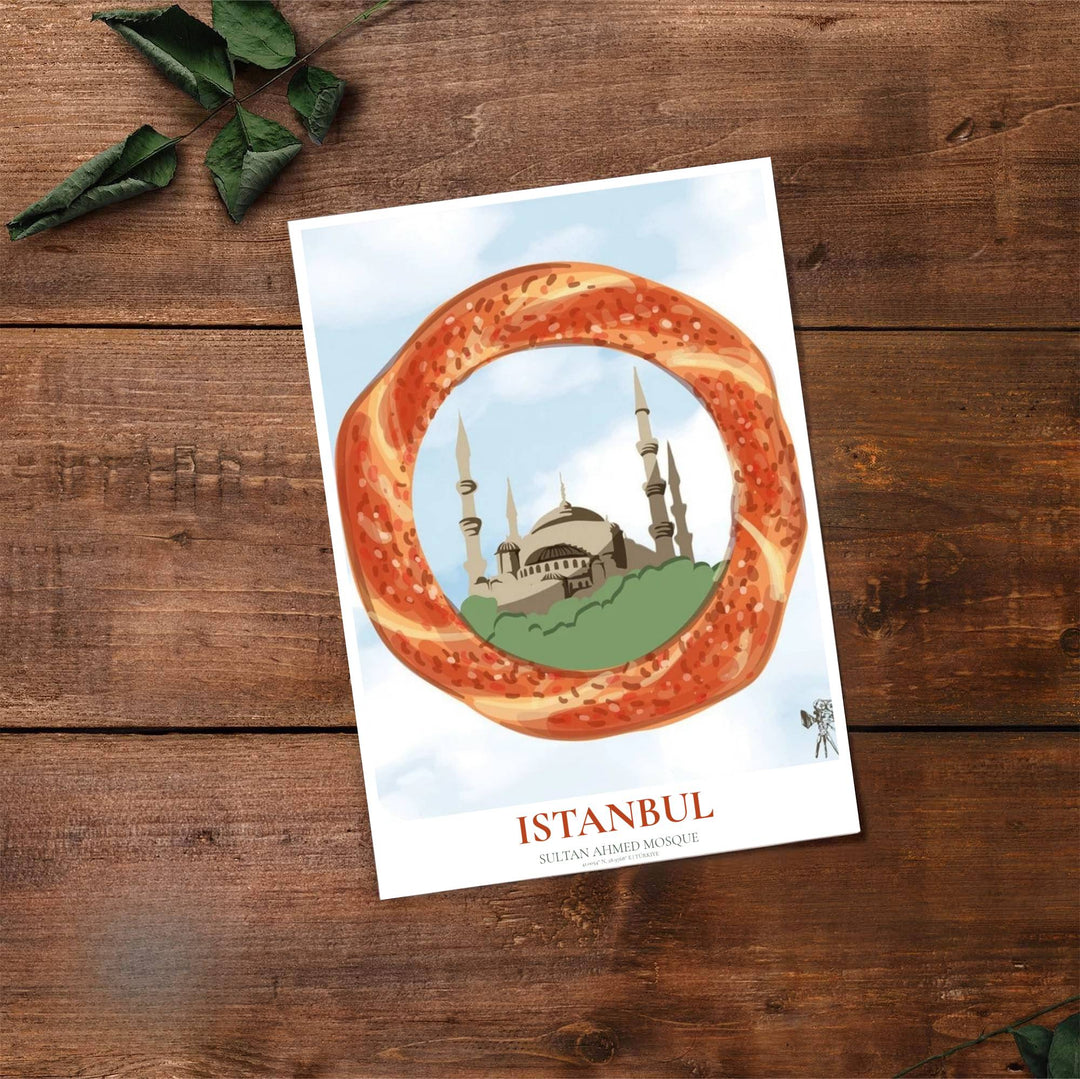 Architectural and culinary vector poster depicting Sultan Ahmed Mosque in Istanbul seen through a golden simit frame. Produced by MapYourDreams, this artwork is available in flexible options including unframed paper, custom wooden frames, and gallery canvas wraps for office wall decor.