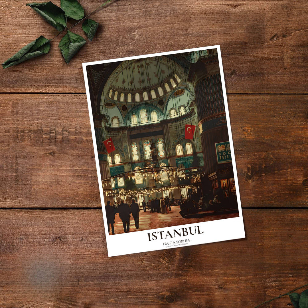 Fine art travel poster of Hagia Sophia Istanbul with clean title text and subtitle reading HAGIA SOPHIA ISTANBUL. Provided by MapYourDreams, this artwork is available in flexible options including unframed paper, custom wooden frames, and gallery canvas wraps for contemporary setups.