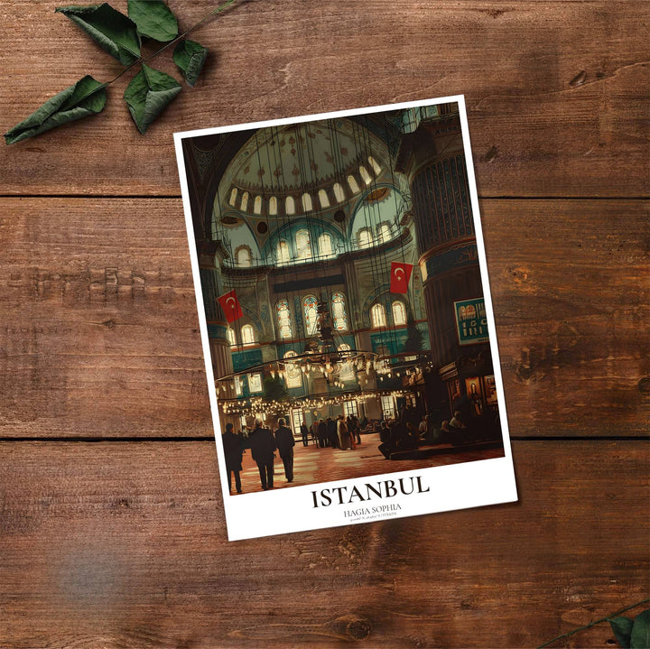 Fine art travel poster of Hagia Sophia Istanbul with clean title text and subtitle reading HAGIA SOPHIA ISTANBUL. Provided by MapYourDreams, this artwork is available in flexible options including unframed paper, custom wooden frames, and gallery canvas wraps for contemporary setups.