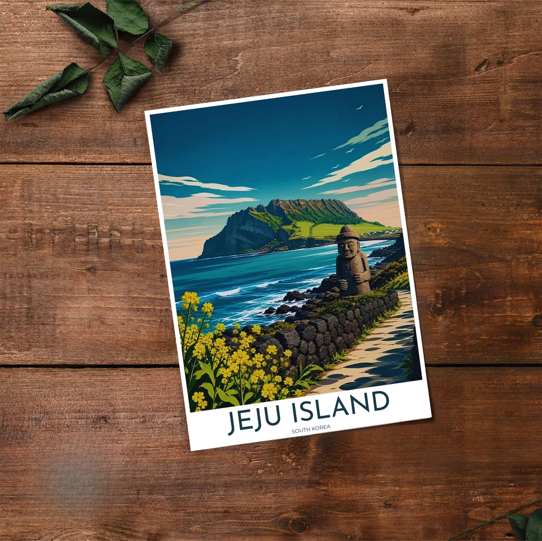 High-contrast line art travel print of Jeju Island, South Korea, featuring golden canola flowers in the foreground, a dark stone grandfather statue, and green mountain slopes. Offered by MapYourDreams, this artwork is available in flexible options including unframed paper, custom wooden frames, and gallery canvas wraps.