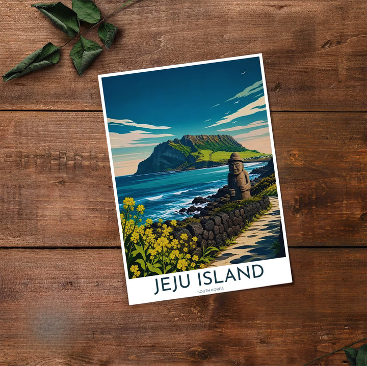 High-contrast line art travel print of Jeju Island, South Korea, featuring golden canola flowers in the foreground, a dark stone grandfather statue, and green mountain slopes. Offered by MapYourDreams, this artwork is available in flexible options including unframed paper, custom wooden frames, and gallery canvas wraps.