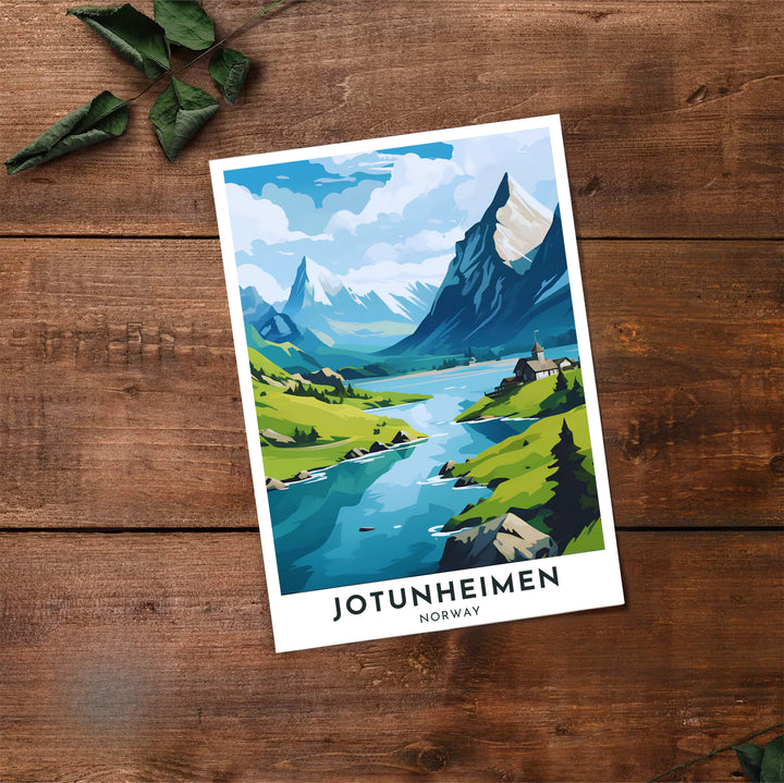 Charming graphic design print of Jotunheimen Norway highlighting high mountain peaks, clean air, and peaceful waterside buildings. A must-have for mountain lovers, this fine art poster arrives in flexible formats including sleek framed styles, archival unframed prints, and stretched canvas options.
