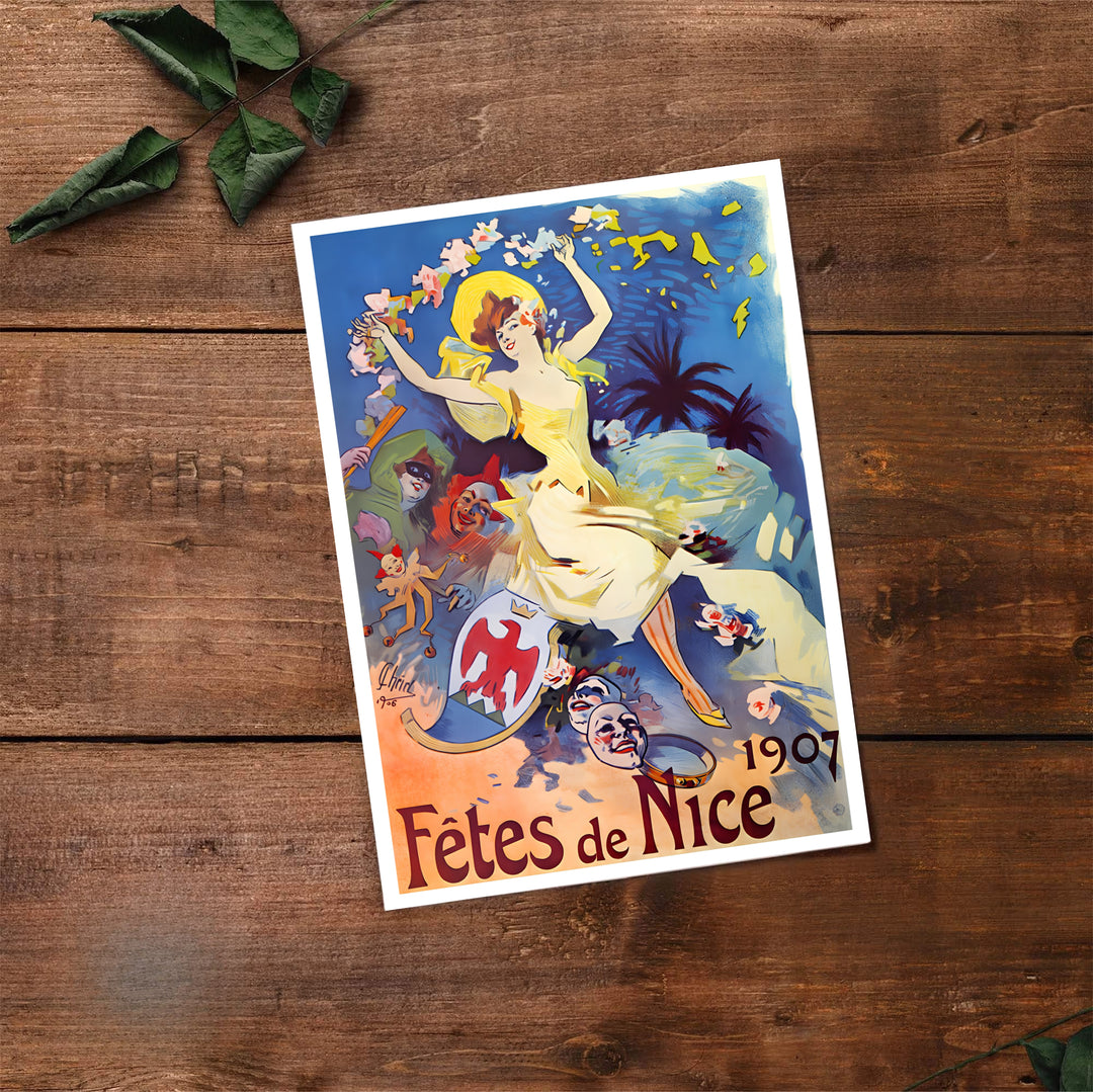 Historic French fine art print Fêtes De Nice by artist Jules Chéret with authentic signature typography in Nice France on the French Riviera. Select premium framed, unframed, and canvas wall decor options at MapYourDreams.