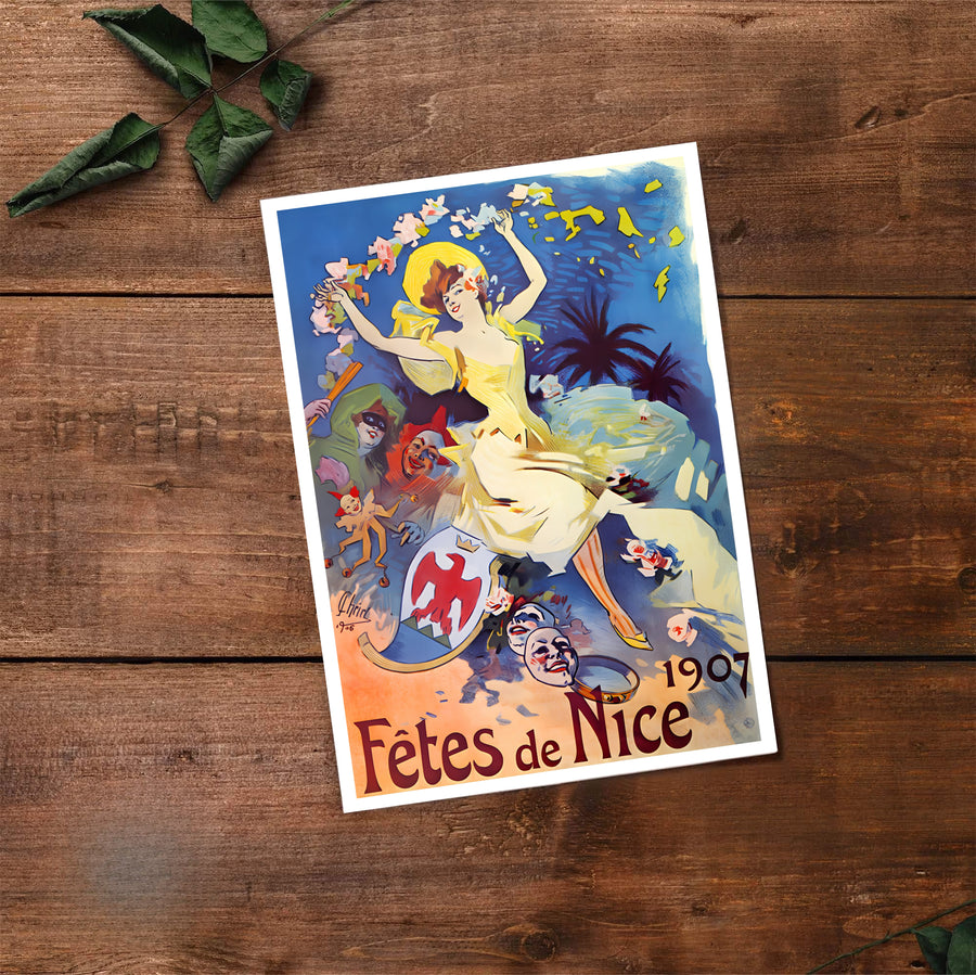 Historic French fine art print Fêtes De Nice by artist Jules Chéret with authentic signature typography in Nice France on the French Riviera. Select premium framed, unframed, and canvas wall decor options at MapYourDreams.