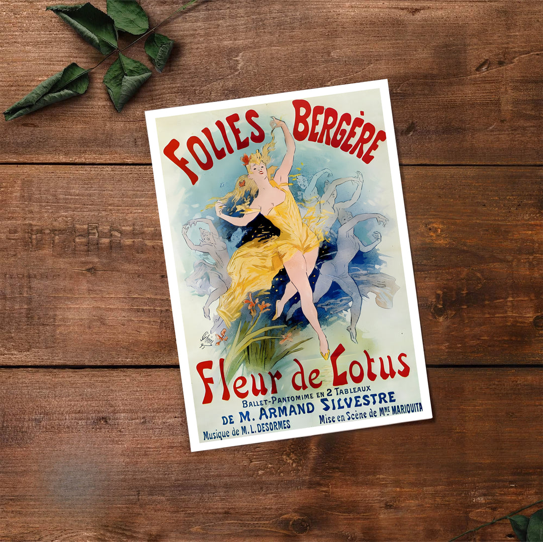 Historic French fine art print Folies Bergère Fleur De Lotus by artist Jules Chéret with authentic signature typography in Paris France. Select premium framed, unframed, and canvas wall decor options at MapYourDreams.
