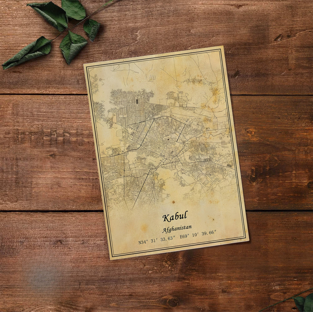 Fine parchment cartography poster of Kabul Afghanistan displaying central road systems and valley topography, available at MapYourDreams as an unframed print, gallery canvas, or custom framed wall decor in natural wood, white, and silver finishes for living room gallery walls.