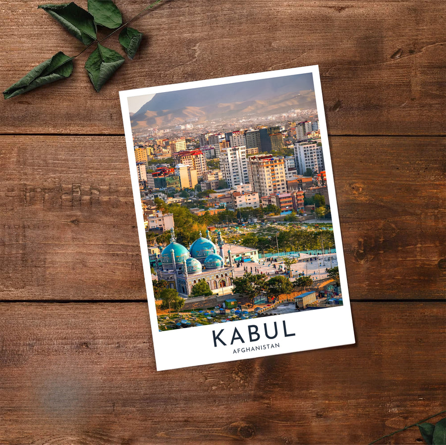 Architectural photography print of Kabul Afghanistan displaying dense urban housing and distant Hindu Kush mountains, available at MapYourDreams as an unframed print, gallery canvas, or custom framed wall decor in natural wood, white, and silver finishes for interior design projects.