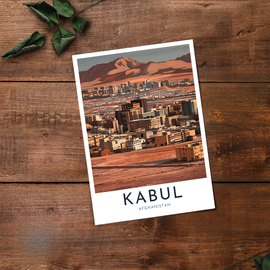 Exhibition art print of Kabul Afghanistan displaying dense city blocks and distant Hindu Kush mountain ranges, available at MapYourDreams as an unframed print, gallery canvas, or custom framed wall decor in natural wood, white, and silver finishes for interior design projects.