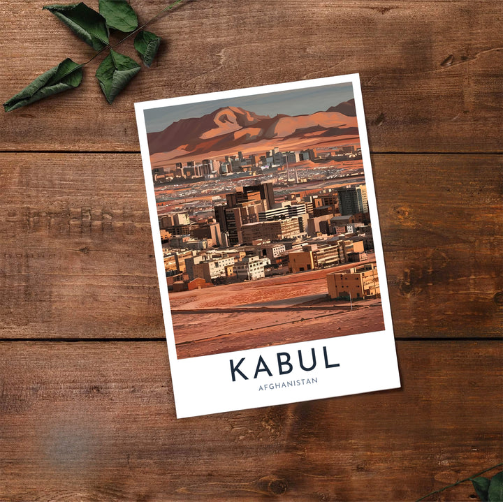 Exhibition art print of Kabul Afghanistan displaying dense city blocks and distant Hindu Kush mountain ranges, available at MapYourDreams as an unframed print, gallery canvas, or custom framed wall decor in natural wood, white, and silver finishes for interior design projects.