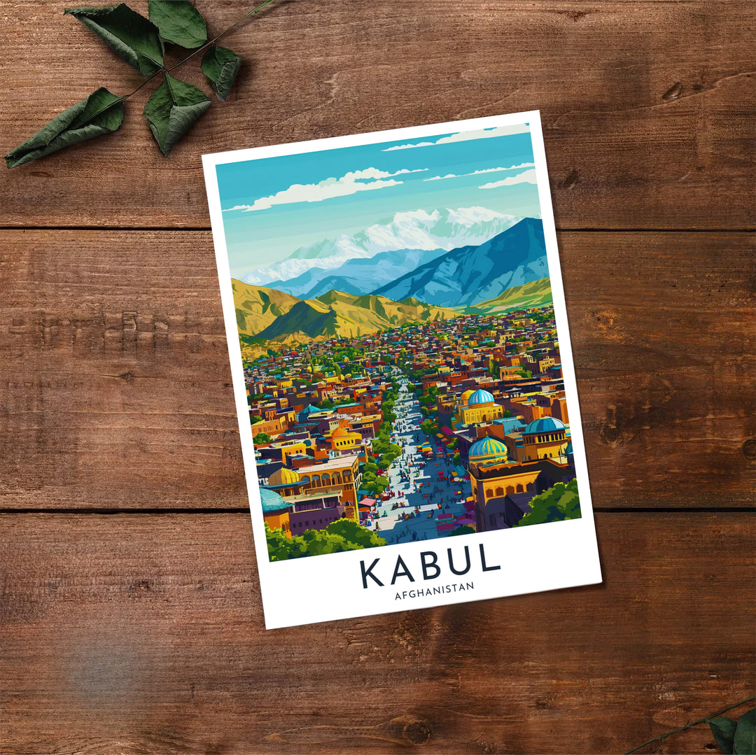 Vintage art print of Kabul Afghanistan displaying dense city streets and distant snow-topped Hindu Kush mountain ranges, available at MapYourDreams as an unframed print, gallery canvas, or custom framed wall decor in natural wood, white, and silver finishes for interior design projects.