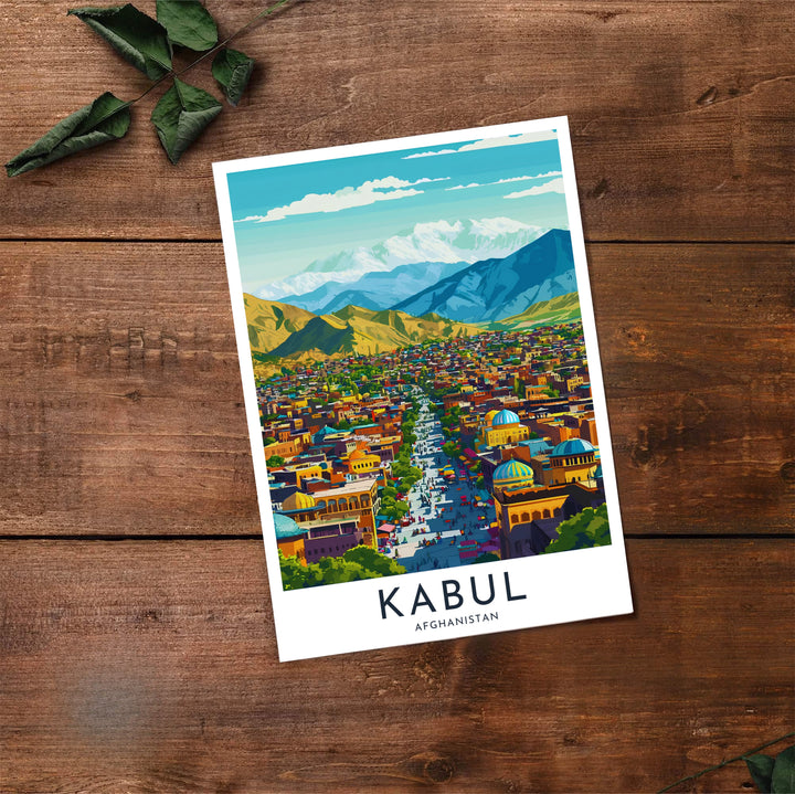 Vintage art print of Kabul Afghanistan displaying dense city streets and distant snow-topped Hindu Kush mountain ranges, available at MapYourDreams as an unframed print, gallery canvas, or custom framed wall decor in natural wood, white, and silver finishes for interior design projects.