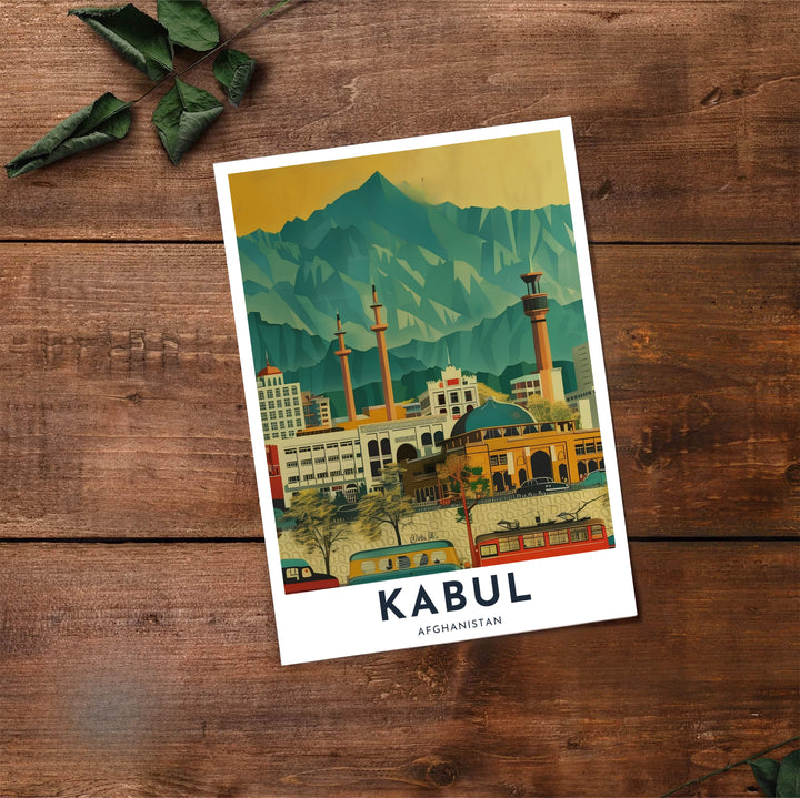 Vintage art print  Kabul Afghanistan cityscape displaying busy city streets and dramatic emerald mountain backdrops, available at MapYourDreams as an unframed print, gallery canvas, or custom framed wall decor in natural wood, white, and silver finishes for interior design projects.