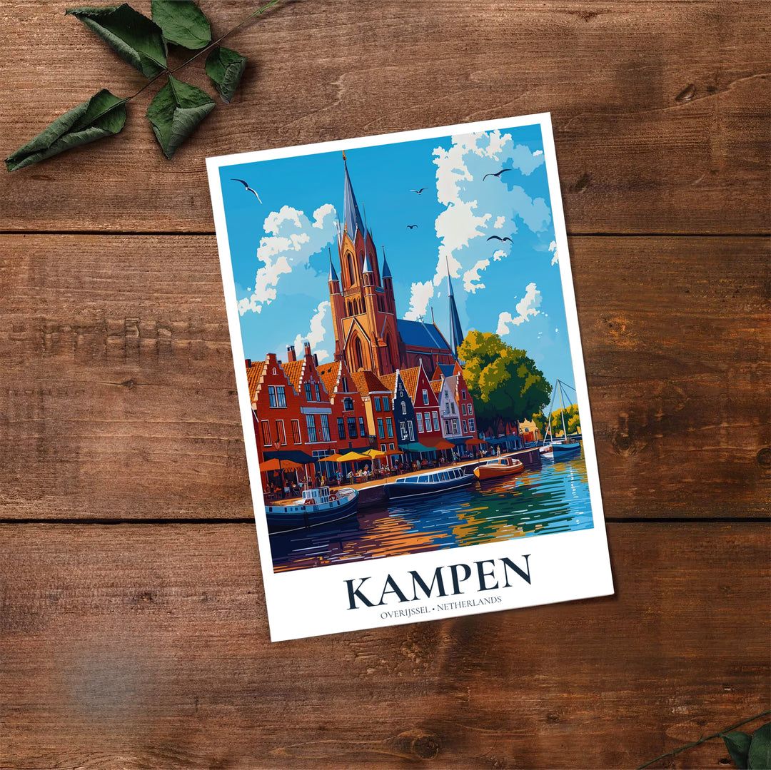 Retro travel print of Kampen Overijssel Netherlands depicting boats docked along historic riverbank cafes, available at MapYourDreams where you can select from unframed paper prints, gallery canvas, or custom framed wall art options for modern architectural interior setups.