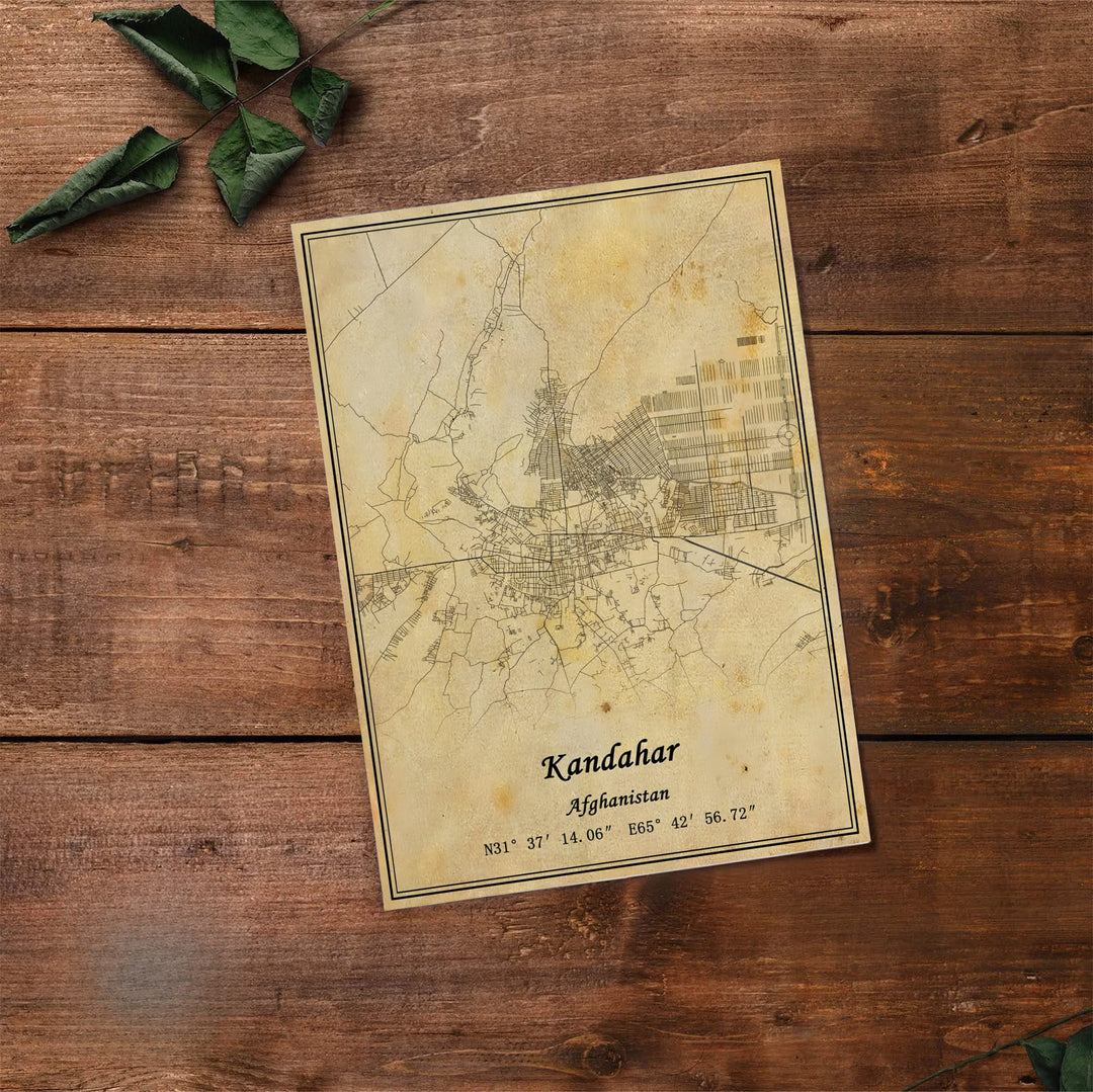 Vintage city street map print showing the detailed road system and classic geographical text of Kandahar, Afghanistan. Available at MapYourDreams as an unframed print, a gallery canvas, or a custom framed wall decor piece in natural wood, white, and silver finishes for interior design projects.
