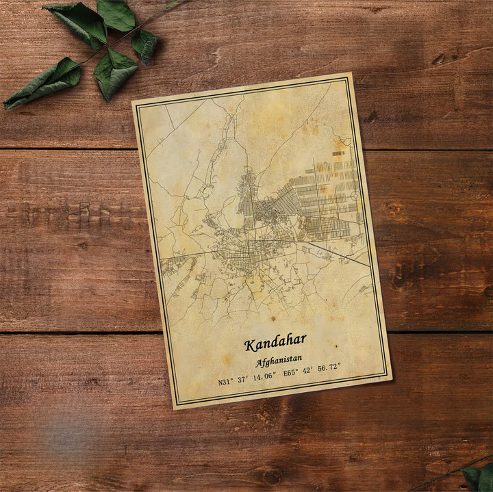 Vintage city street map print showing the detailed road system and classic geographical text of Kandahar, Afghanistan. Available at MapYourDreams as an unframed print, a gallery canvas, or a custom framed wall decor piece in natural wood, white, and silver finishes for interior design projects.