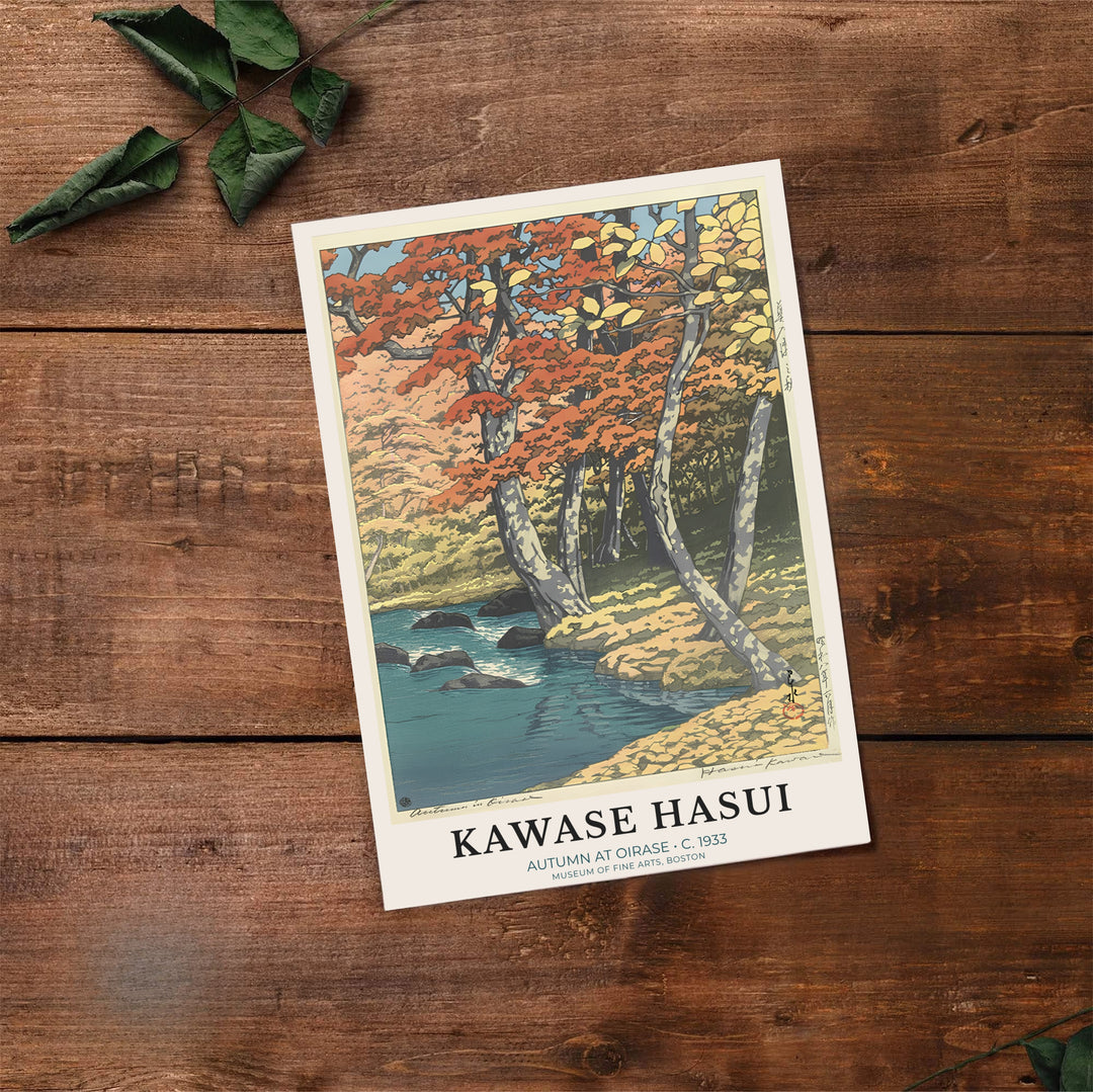 Historic Japanese travel print Autumn at Oirase by artist Kawase Hasui with authentic artist seals reflecting Shin-hanga heritage at Oirase Mountain Stream. Select premium framed, unframed, and canvas wall decor options at MapYourDreams.