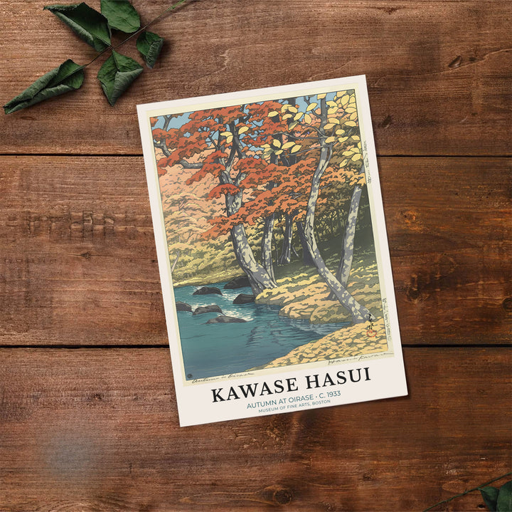 Historic Japanese travel print Autumn at Oirase by artist Kawase Hasui with authentic artist seals reflecting Shin-hanga heritage at Oirase Mountain Stream. Select premium framed, unframed, and canvas wall decor options at MapYourDreams.