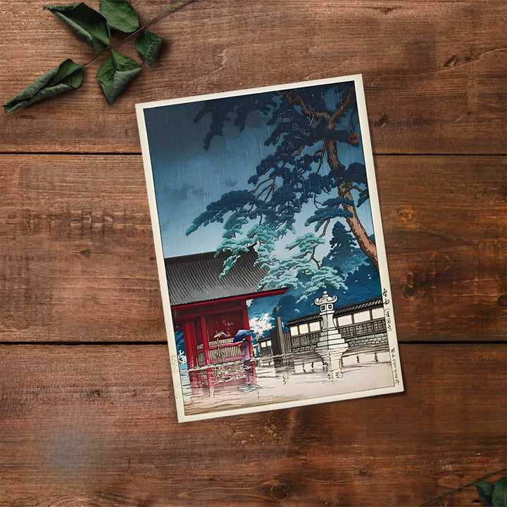 Historic Japanese travel print Spring Rain Gokokuji Temple by artist Kawase Hasui with authentic artist seals reflecting Shin-hanga heritage at Spring Rain Gokokuji Temple. Select premium framed, unframed, and canvas wall decor options at MapYourDreams.