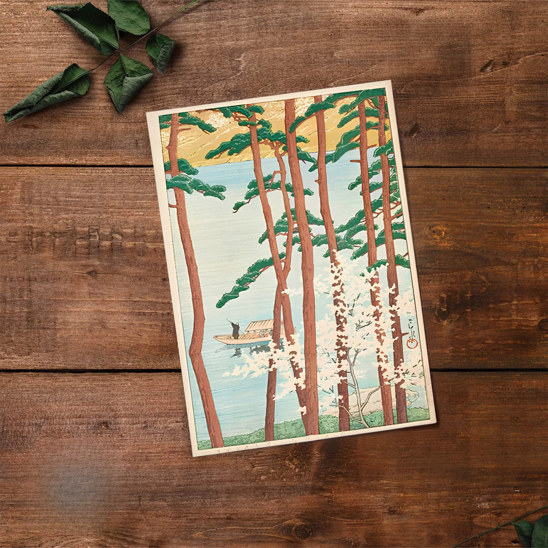 Historic Japanese travel print Spring at Arashiyama Kyoto by artist Kawase Hasui with authentic artist seals reflecting Shin-hanga heritage at Spring at Arashiyama Kyoto. Select premium framed, unframed, and canvas wall decor options at MapYourDreams.