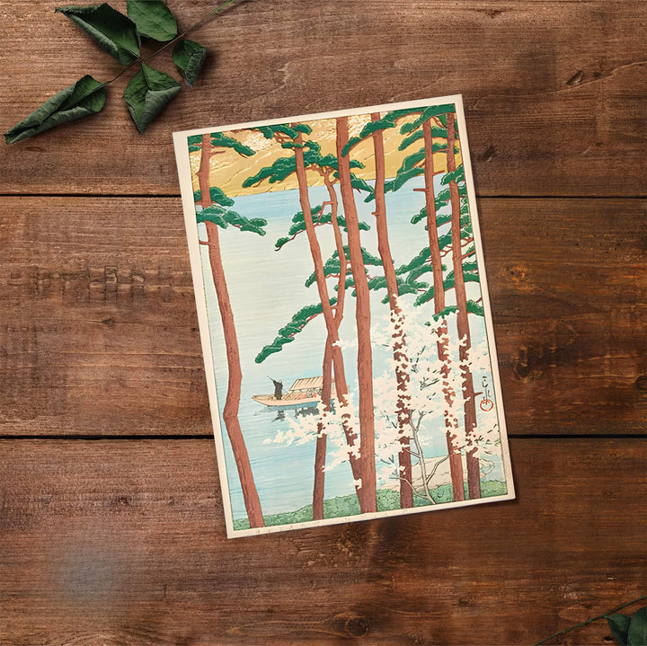 Historic Japanese travel print Spring at Arashiyama Kyoto by artist Kawase Hasui with authentic artist seals reflecting Shin-hanga heritage at Spring at Arashiyama Kyoto. Select premium framed, unframed, and canvas wall decor options at MapYourDreams.