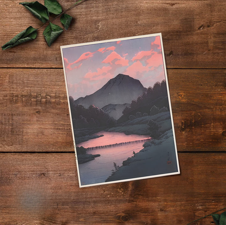 Historic Japanese travel print Sunset at Oirase by artist Kawase Hasui with authentic artist seals reflecting Shin-hanga heritage at Sunset at Oirase. Select premium framed, unframed, and canvas wall decor options at MapYourDreams.