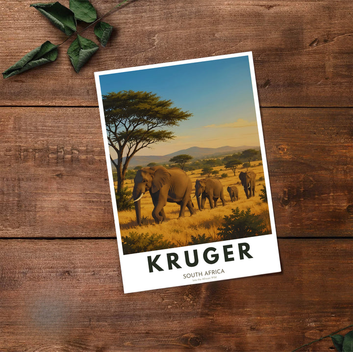 Vibrant Kruger safari travel art poster showcasing elephant herds, distant mountain ranges, and classic acacia trees. Offered by MapYourDreams, this artwork is available in flexible options including unframed paper, custom wooden frames, and gallery canvas for personalized wall styling.
