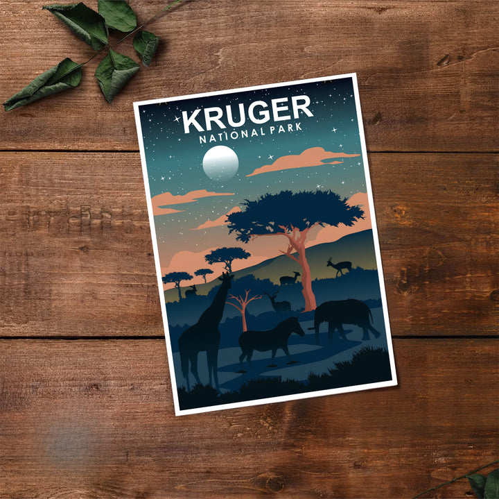 Serene Kruger National Park nighttime artwork featuring a central acacia tree, roaming savanna animals, and a starry celestial background. Offered by MapYourDreams, this artwork is available in flexible options including unframed paper, custom wooden frames, and gallery canvas wraps for tailored home wall decor setups.