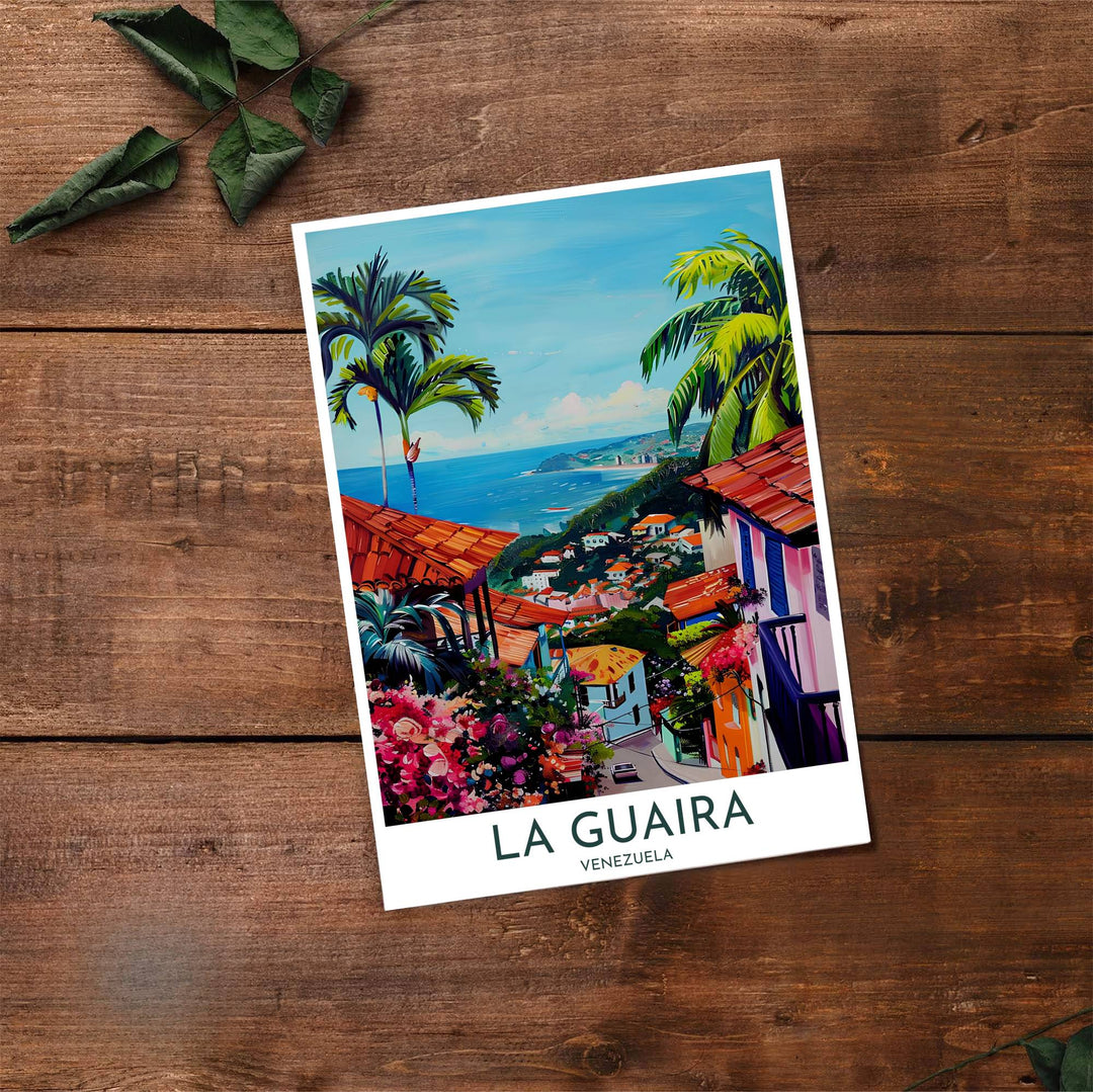 Artistic coastal illustration capturing the terracotta red, magenta pink, lime green, and deep sapphire blue tones of La Guaira. Made by MapYourDreams, this artistic composition can be purchased as an unframed print, elegantly mounted in wood frames, or produced on stretched canvas.