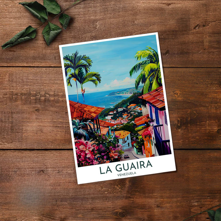 Artistic coastal illustration capturing the terracotta red, magenta pink, lime green, and deep sapphire blue tones of La Guaira. Made by MapYourDreams, this artistic composition can be purchased as an unframed print, elegantly mounted in wood frames, or produced on stretched canvas.