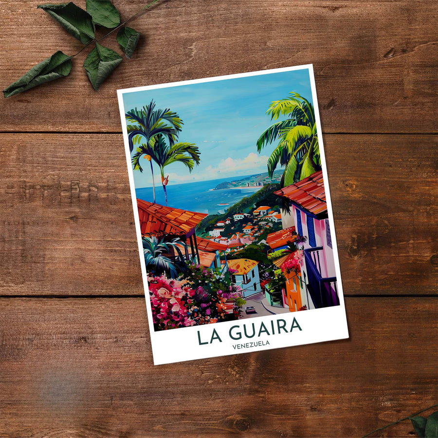 Artistic coastal illustration capturing the terracotta red, magenta pink, lime green, and deep sapphire blue tones of La Guaira. Made by MapYourDreams, this artistic composition can be purchased as an unframed print, elegantly mounted in wood frames, or produced on stretched canvas.