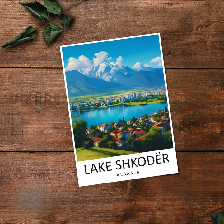 Fine art travel poster showing Lake Shkodër with sunny skies, mountain backdrops, and relaxed natural scenery across an inviting horizontal view. Choose from flexible display setups including unframed archival paper, wooden frames, or wrapped canvas formats.