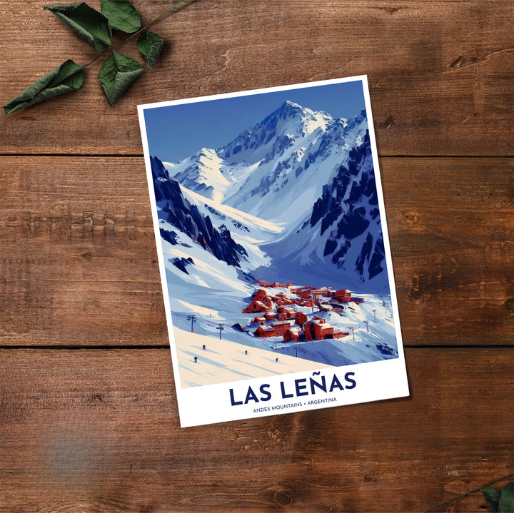 Artistic ski travel illustration capturing the cobalt blue sky, snow trails, and red roofs of Las Leñas, Argentina. Made by MapYourDreams, this artistic composition can be purchased as an unframed print, elegantly mounted in wood frames, or produced on stretched canvas.