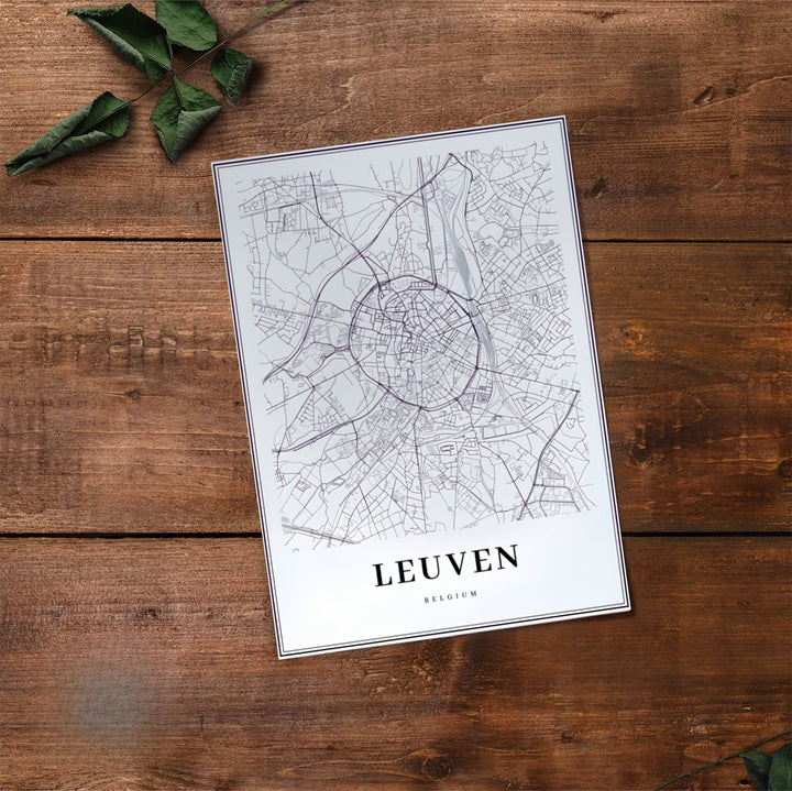 Sleek cartographic travel poster illustrating the detailed street grid of Leuven, Belgium. Offered by MapYourDreams, this artwork is available in flexible options including unframed paper, custom wooden frames, and gallery canvas wraps.