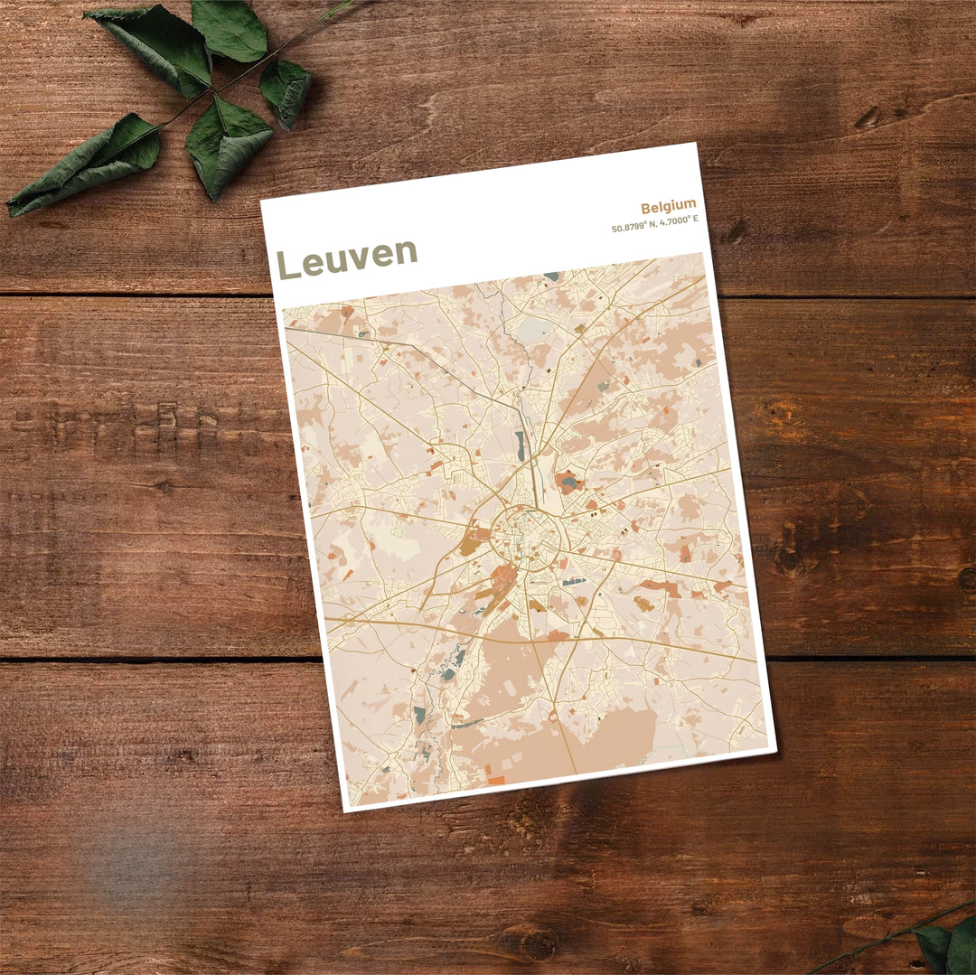 Sleek cartographic travel poster illustrating the detailed street grid of Leuven, Belgium in warm earthy hues. Offered by MapYourDreams, this artwork is available in flexible options including unframed paper, custom wooden frames, and gallery canvas wraps.