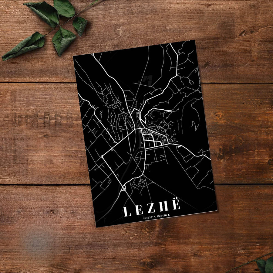 Fine line cartography traces the highways, streets, and rivers of Lezhë, Albania, on archival matte print substrate. Choose from flexible display setups including unframed archival paper, wooden frames, or wrapped canvas formats.