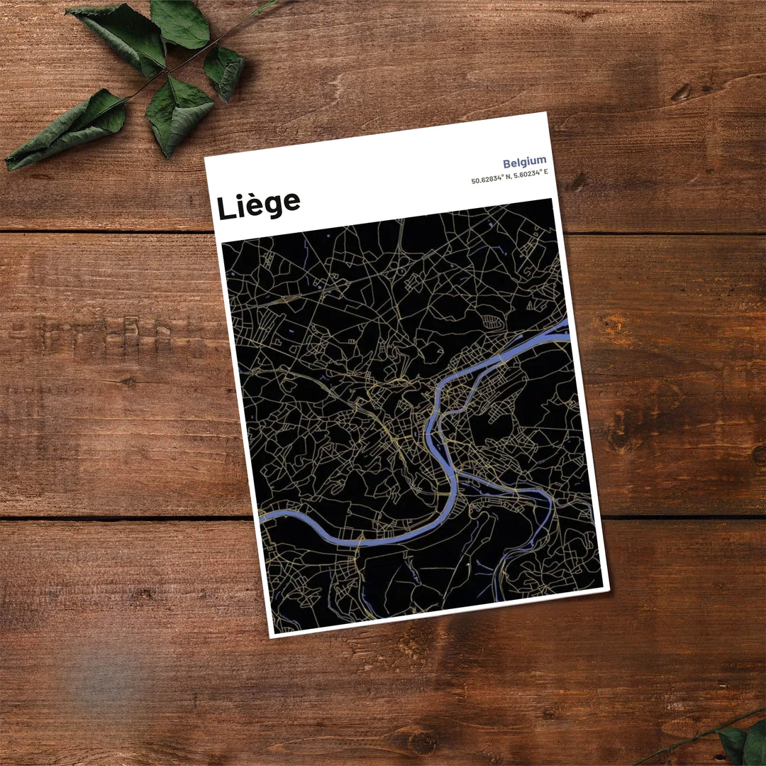 Sleek cartographic travel poster illustrating the detailed street grid of Liège, Belgium in luxury dark mode colors. Offered by MapYourDreams, this artwork is available in flexible options including unframed paper, custom wooden frames, and gallery canvas wraps.