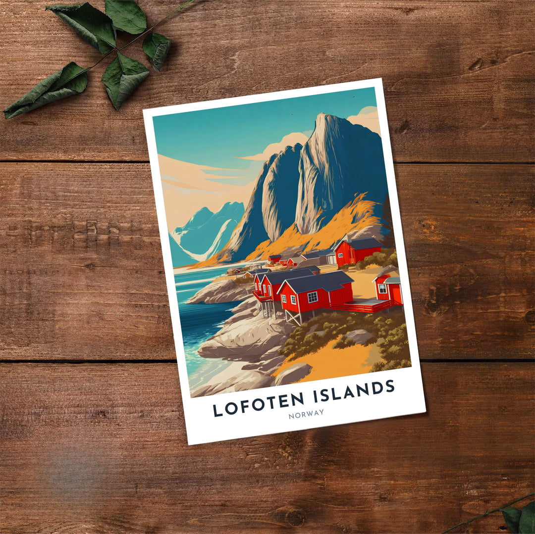 Charming graphic design print of Lofoten Islands Norway highlighting high mountain summits, clean ocean water, and crimson waterside buildings. A must-have for coastal decor lovers, this fine art poster arrives in flexible formats including sleek framed styles, archival unframed prints, and stretched canvas options.