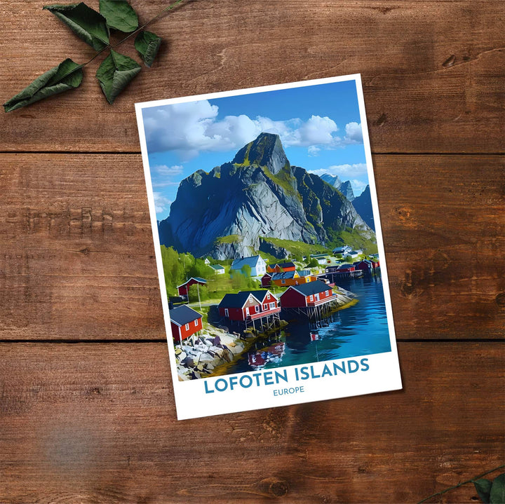 Fine art travel poster of Hamnoy Norway with clean title text and subtitle reading LOFOTEN ISLANDS EUROPE. Provided by MapYourDreams, this artwork is available in flexible options including unframed paper, custom wooden frames, and gallery canvas wraps for contemporary setups.