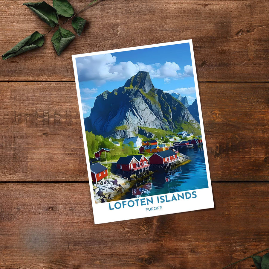 Fine art travel poster of Hamnoy Norway with clean title text and subtitle reading LOFOTEN ISLANDS EUROPE. Provided by MapYourDreams, this artwork is available in flexible options including unframed paper, custom wooden frames, and gallery canvas wraps for contemporary setups.