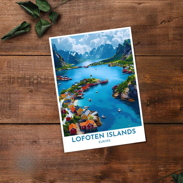Fine art travel poster of Henningsvaer Norway with clean title text and subtitle reading LOFOTEN ISLANDS EUROPE. Provided by MapYourDreams, this artwork is available in flexible options including unframed paper, custom wooden frames, and gallery canvas wraps for contemporary setups.