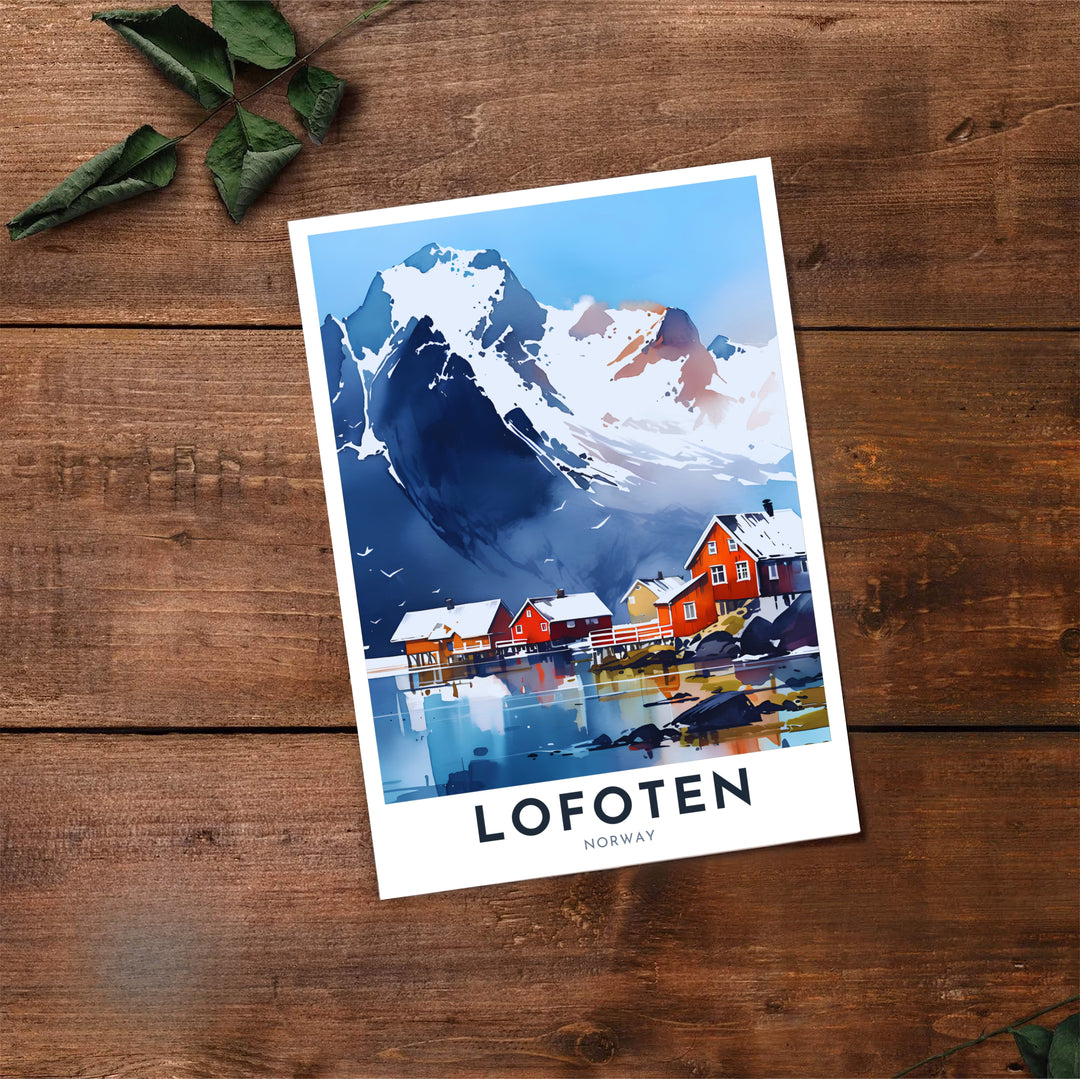 Expressive graphic watercolor print of Lofoten Norway highlighting snow peaks, cool fjord waters, and crimson waterside buildings. A must-have for winter decor lovers, this fine art poster arrives in flexible formats including sleek framed styles, archival unframed prints, and stretched canvas options.