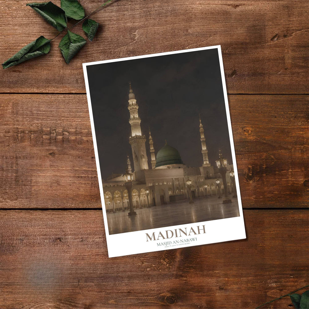 Fine art travel poster of Madinah Prophet Mosque with clean title text and subtitle reading MASJID AN-NABAWI SAUDI ARABIA. Provided by MapYourDreams, this artwork is available in flexible options including unframed paper, custom wooden frames, and gallery canvas wraps for contemporary setups.