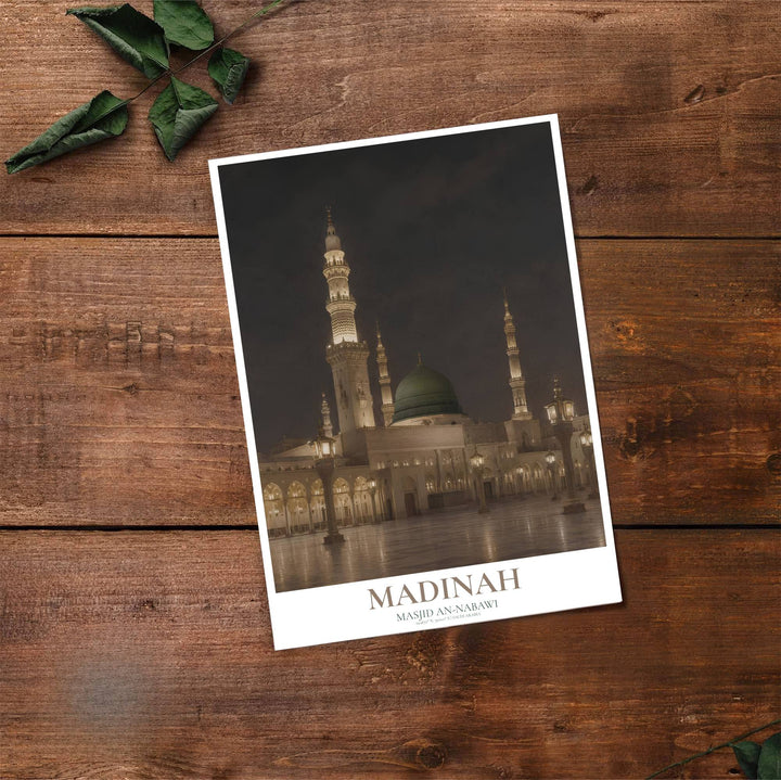 Fine art travel poster of Madinah Prophet Mosque with clean title text and subtitle reading MASJID AN-NABAWI SAUDI ARABIA. Provided by MapYourDreams, this artwork is available in flexible options including unframed paper, custom wooden frames, and gallery canvas wraps for contemporary setups.