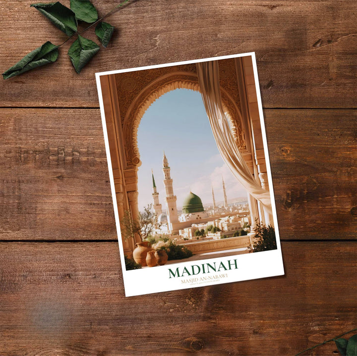 Fine art travel poster of Madinah Prophet Mosque with clean title text and subtitle reading MASJID AN-NABAWI SAUDI ARABIA. Provided by MapYourDreams, this artwork is available in flexible options including unframed paper, custom wooden frames, and gallery canvas wraps for contemporary setups.