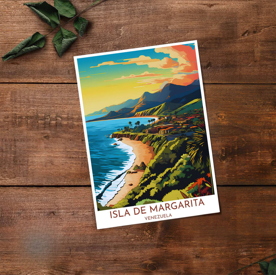 Artistic island illustration capturing the coral orange, sunset yellow, turquoise blue, and emerald green tones of Isla de Margarita. Made by MapYourDreams, this artistic composition can be purchased as an unframed print, elegantly mounted in wood frames, or produced on stretched canvas.