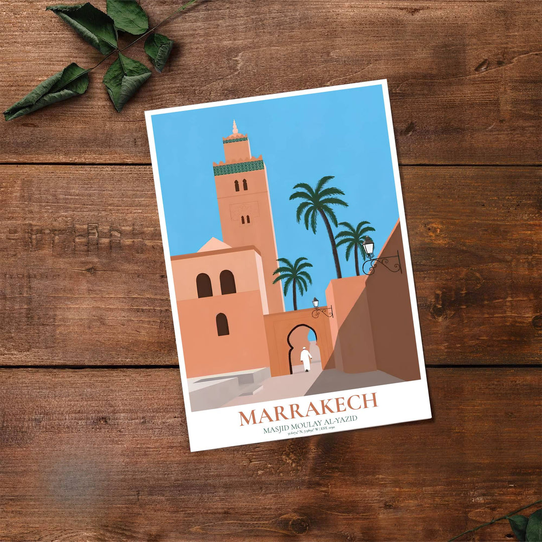 Fine art travel poster of Marrakech Kasbah Mosque with clean title text and subtitle reading MASJID MOULAY AL-YAZID MOROCCO. Provided by MapYourDreams, this artwork is available in flexible options including unframed paper, custom wooden frames, and gallery canvas wraps for contemporary setups.
