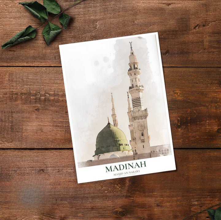 Fine art travel poster of Medina Prophet Mosque with clean title text and subtitle reading MASJID AN-NABAWI SAUDI ARABIA. Provided by MapYourDreams, this artwork is available in flexible options including unframed paper, custom wooden frames, and gallery canvas wraps for contemporary setups.
