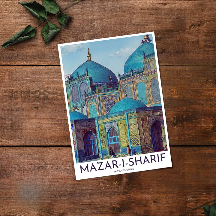 Fine art travel poster of Mazar-i-Sharif Blue Mosque with clean title text and subtitle reading THE BLUE MOSQUE. Provided by MapYourDreams, this artwork is available in flexible options including unframed paper, custom wooden frames, and gallery canvas wraps for contemporary setups.